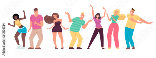 Happy people are dancing. Men and women move to the music. Set of cheerful energetic characters