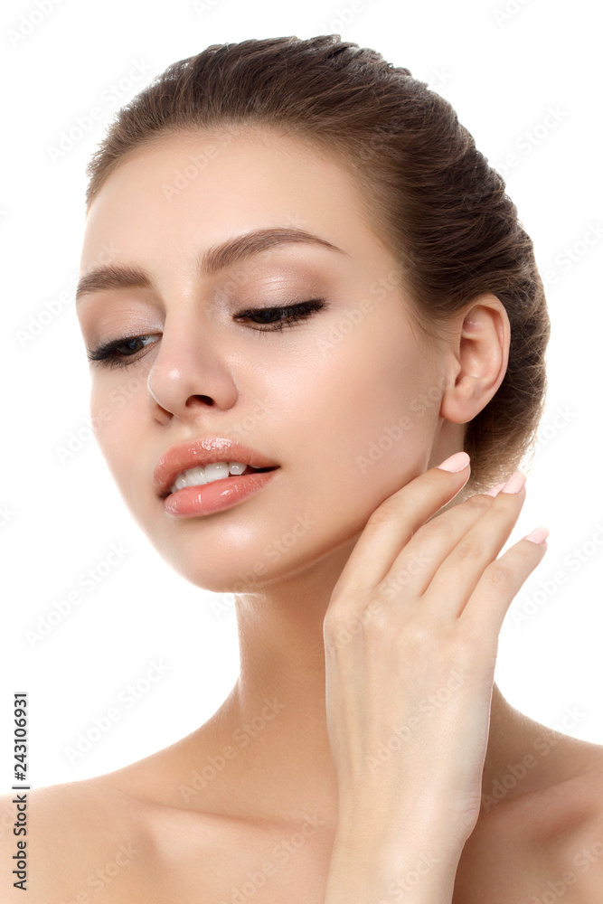 Close up view of young beautiful caucasian woman touching her face isolated over white background. Lips contouring, SPA therapy, skincare, cosmetology and plastic surgery concept