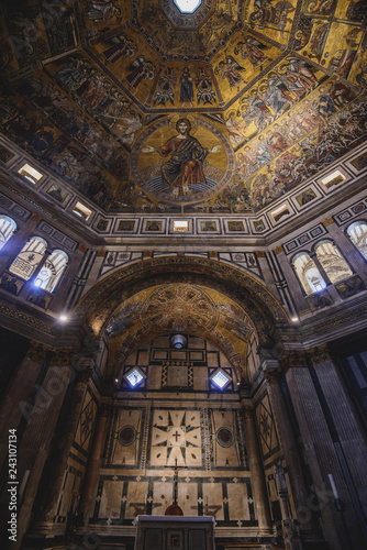FLORENCE, ITALY - AUGUST 17, 2018: Interior view of the Baptistery of Saint John in Florence, Italy. The landmark features Florentine Romanesque style and has mosaics by Jacopo Torriti