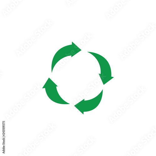 Vector green arrows recycle icon. Zerowaste concept symbol. Environment and ecology care, responsibility concept. Save the earth, reusable product emblem. Isolated illustration