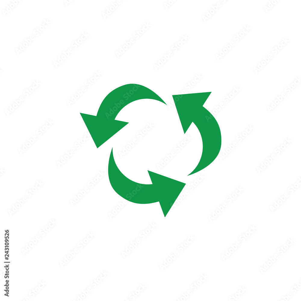 Vector green arrows recycle icon. Zerowaste concept symbol. Environment and ecology care, responsibility concept. Save the earth, reusable product emblem. Isolated illustration Vector green arrows recycle icon. Zerowaste concept symbol. Environment and ecology care, responsibility concept. Save the earth, reusable product emblem. Isolated illustration