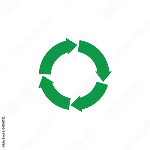 Vector green arrows recycle icon. Zerowaste concept symbol. Environment and ecology care, responsibility concept. Save the earth, reusable product emblem. Isolated illustration