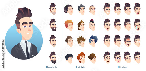 Business character avatar kit, different hairstyles, facial expression and beard. Collection of male facial emotions.
