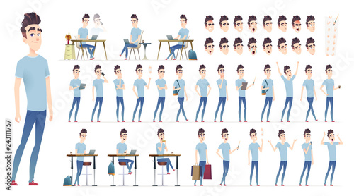 Young man character collection. Set of different poses and situation. Modern flat cartoon style.