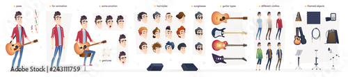 Guitar player character set. Body parts, guitars types, emotions and theme objects. Modern cartoon style.