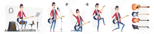 Guitarist in different dynamic poses. Guitar player performance. Design in a modern cartoon flat style.