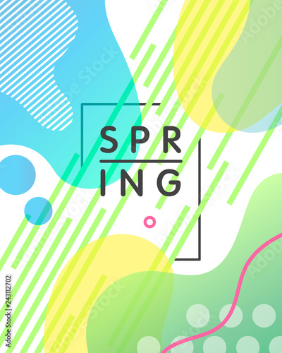 Unique artistic design card - spring with bright gradient background,shapes and geometric elements in memphis style.Abstract design card perfect for prints,flyers,banners,invitations and more.