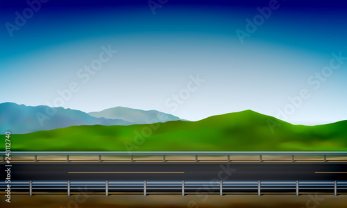 Side view of a road with a crash barrier, roadside, green meadow in the hills and clear blue sky background, vector illustration