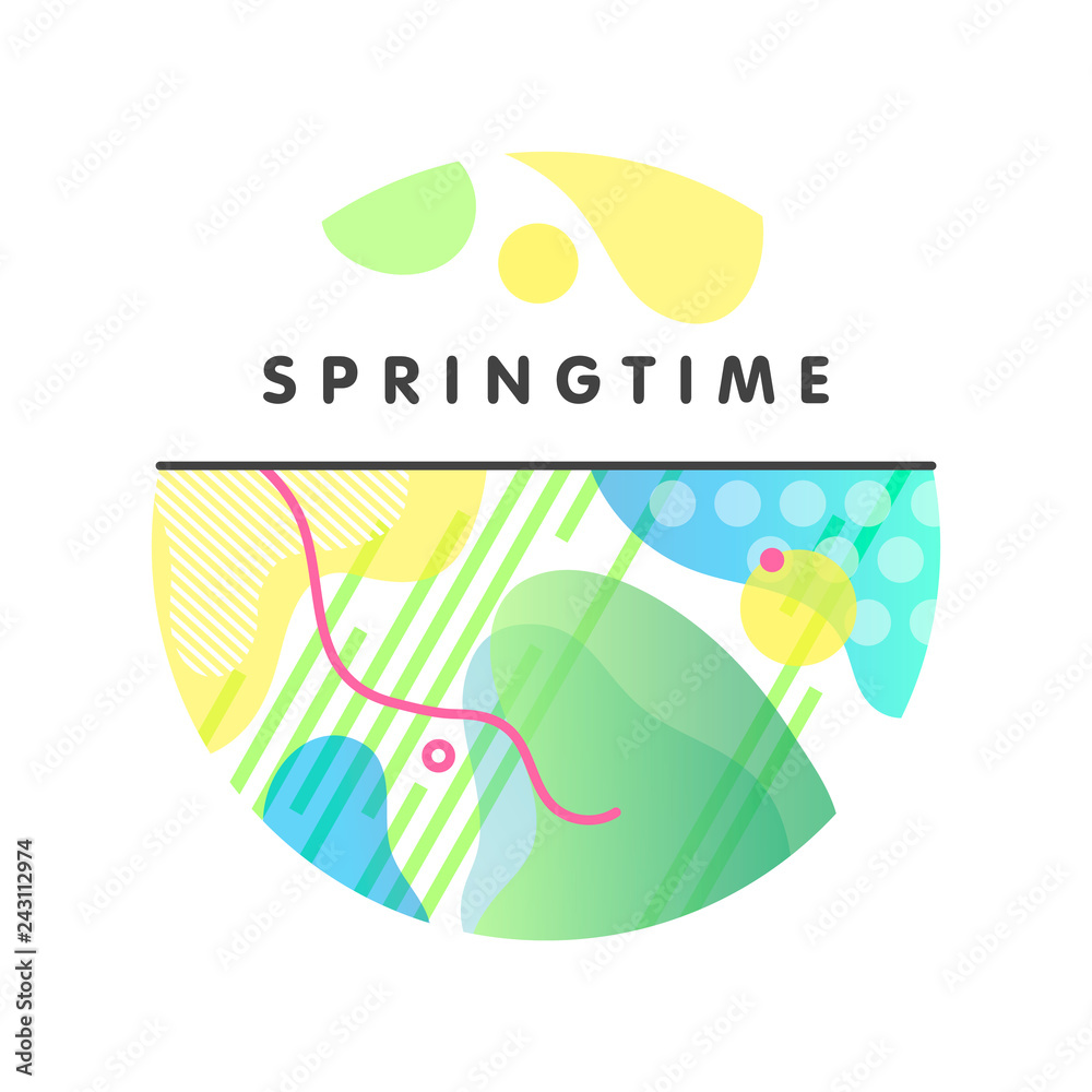 Unique artistic spring card with bright background,shapes and geometric elements in memphis style.Abstract card perfect for prints,flyers,banners,invitations,special offer and more.