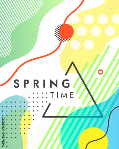 Unique artistic design card - spring time with bright background, shapes and geometric elements in memphis style.Abstract design card perfect for prints,flyers,banners,invitations and more.