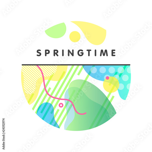 Unique artistic spring card with bright background,shapes and geometric elements in memphis style.Abstract card perfect for prints,flyers,banners,invitations,special offer and more.