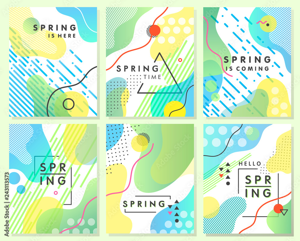 Unique artistic spring cards with bright gradient background,shapes and geometric elements in memphis style.Abstract design cards perfect for prints,flyers,banners,invitations,special offer and more.