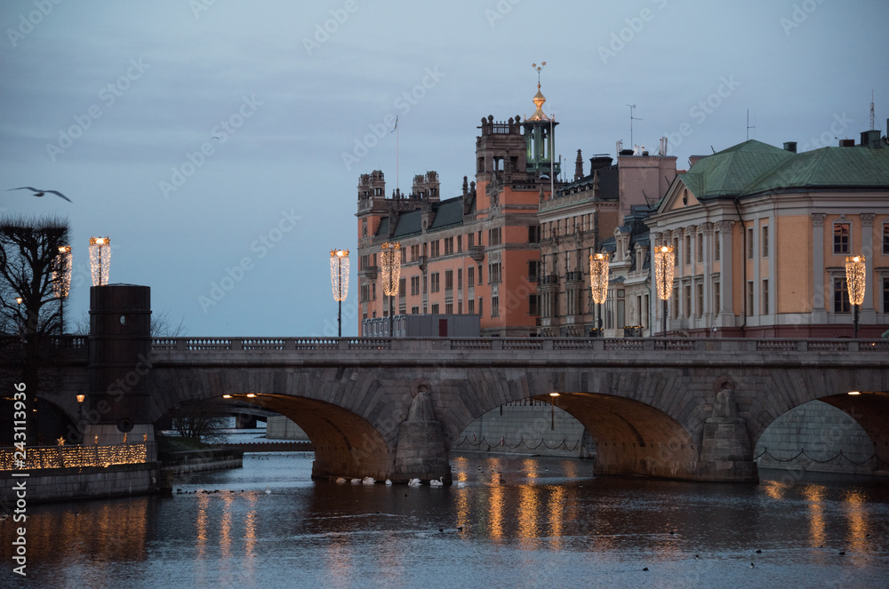 Government buildings at the river Strömmen in Stockholm a winter morning