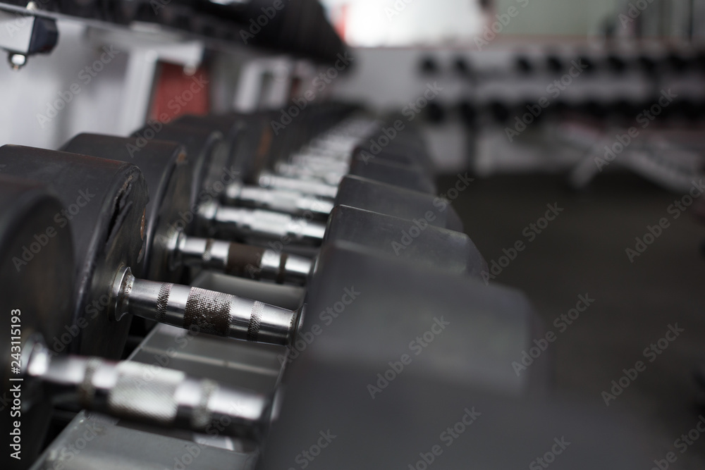 Fototapeta premium Dumbbell weights on rack in gym