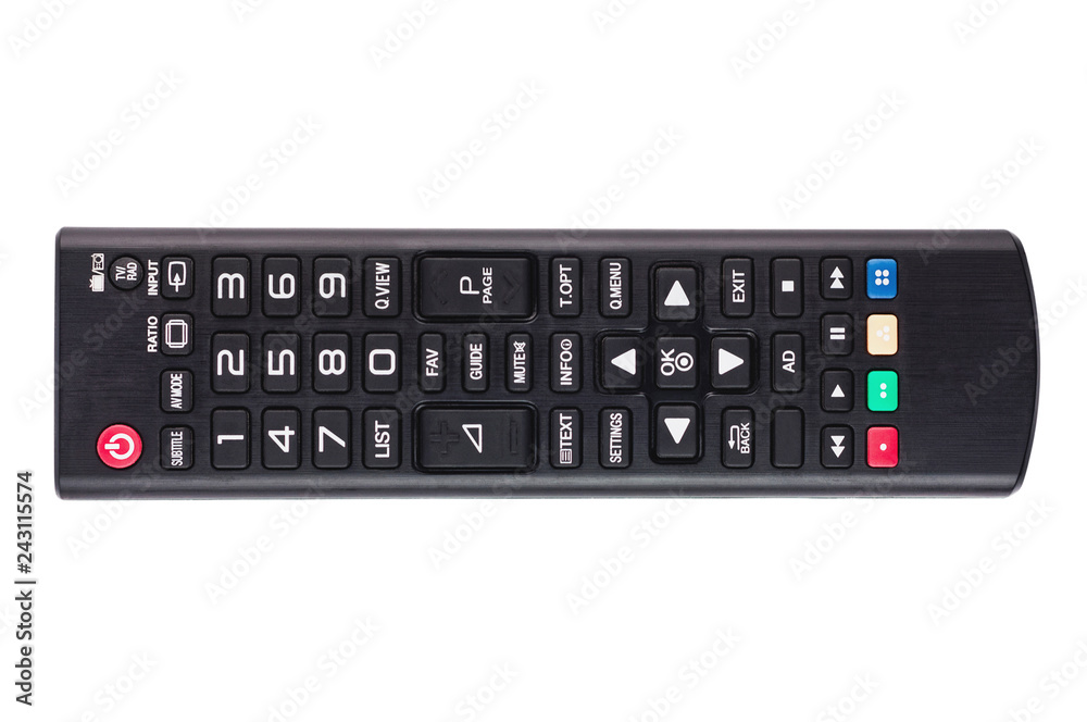 Single black plastic remote control for different multimedia devices isolated on white background. Top view Single black plastic remote control for different multimedia devices isolated on white background. Top view