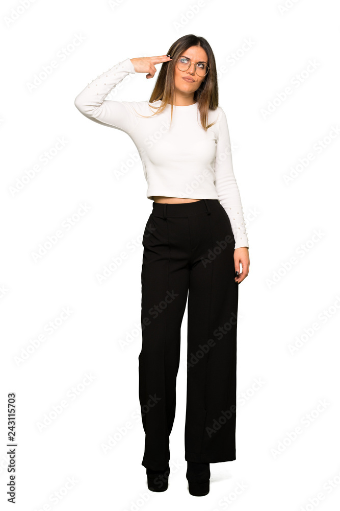Full body of Pretty woman with glasses with problems making suicide gesture Full body of Pretty woman with glasses with problems making suicide gesture