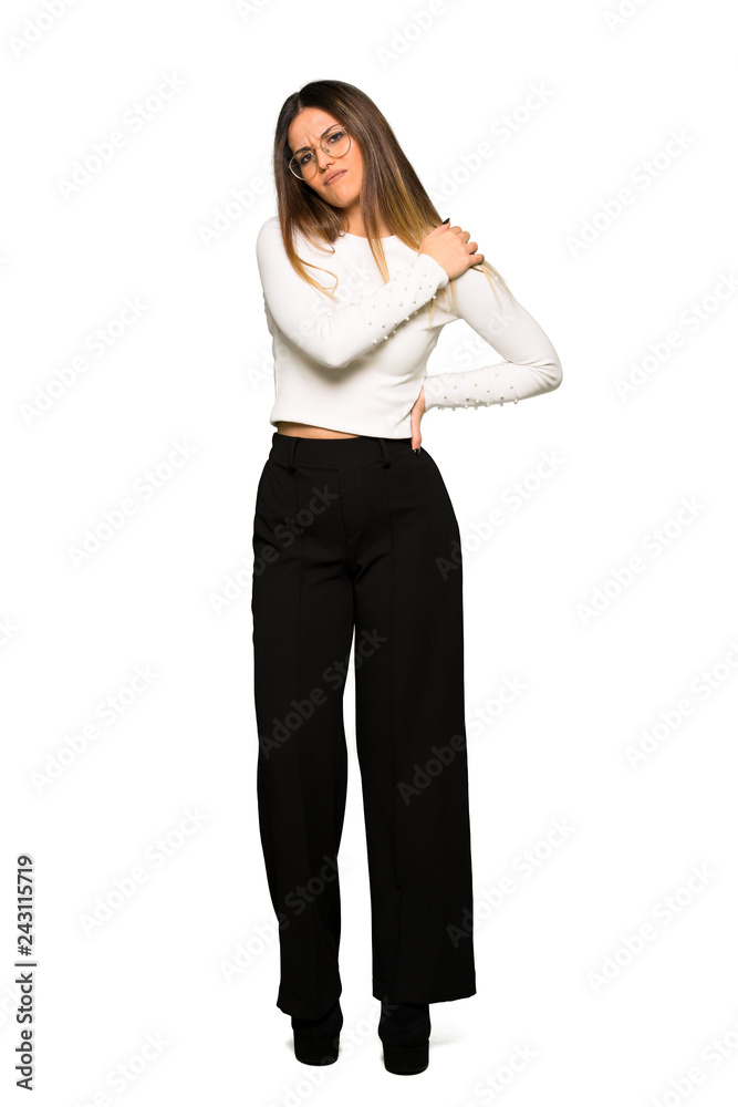 Full body of Pretty woman with glasses suffering from pain in shoulder for having made an effort Full body of Pretty woman with glasses suffering from pain in shoulder for having made an effort