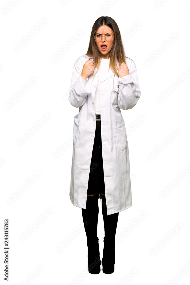 Full body of Young doctor woman frustrated by a bad situation Full body of Young doctor woman frustrated by a bad situation