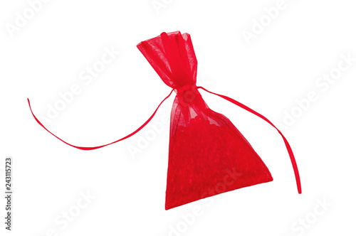 Car air freshener in form of full red bag of gemstones isolated on white background
