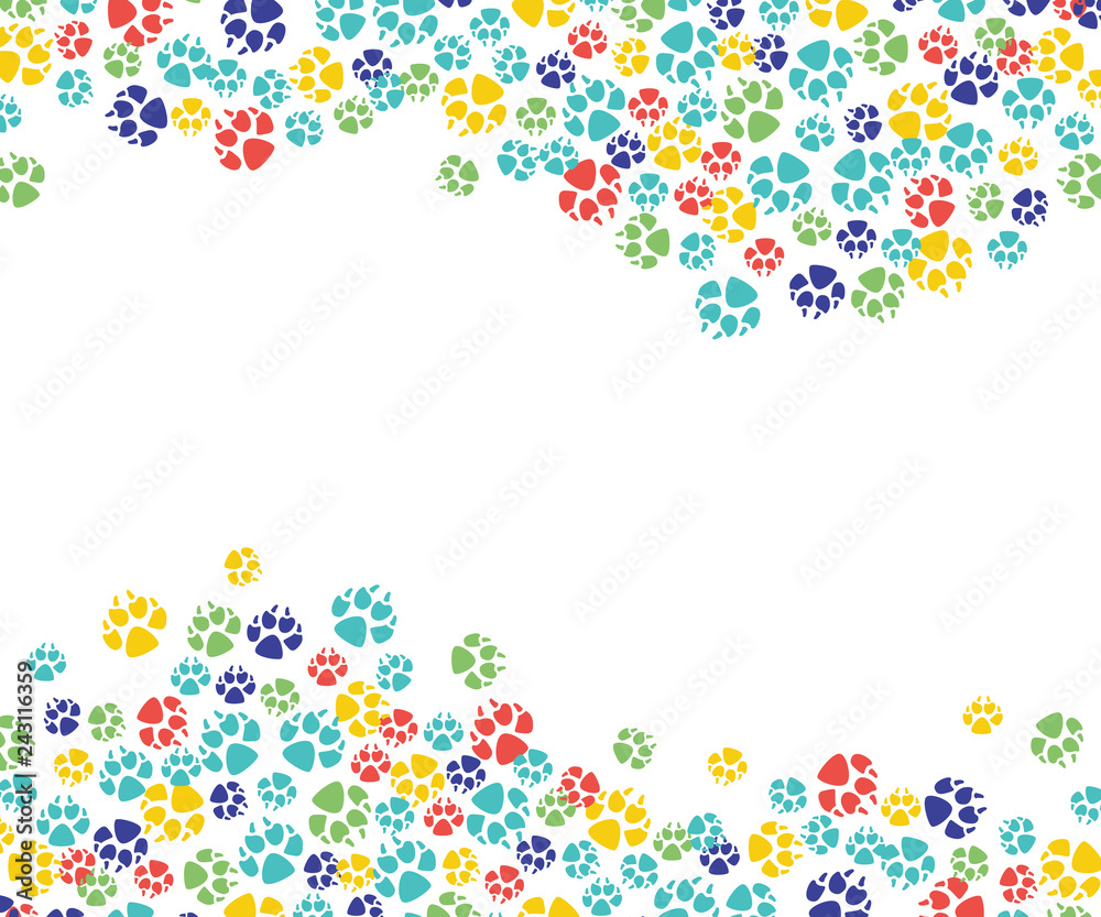 Vector abstract animal paw footprint pattern for veterinar design. Cat, dog pets colorful feet track template, frame with space text.