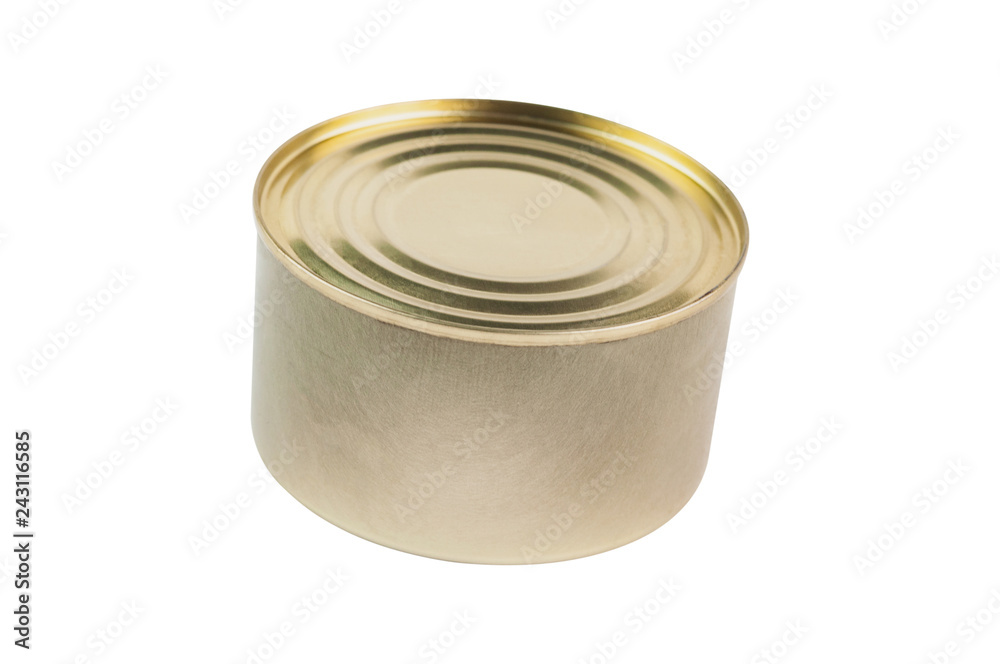 Closed metal can with canned food, fish, grain or meat isolated on white background without shadow Closed metal can with canned food, fish, grain or meat isolated on white background without shadow