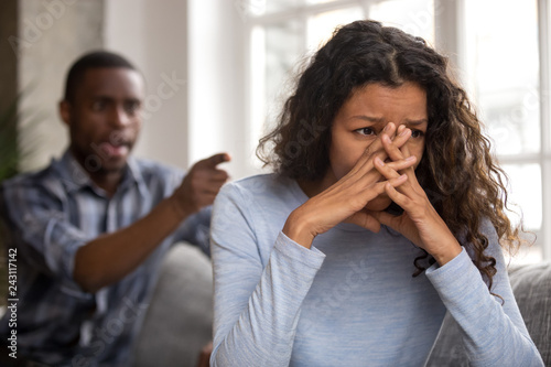 Bilde på lerret Upset abused african wife tired of fighting ignoring controlling despot husband