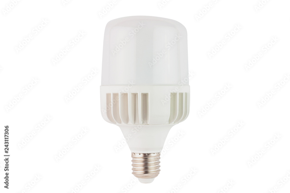 One new plastic led bulb isolated on white background. Close-up. Clipping path - image One new plastic led bulb isolated on white background. Close-up. Clipping path - image
