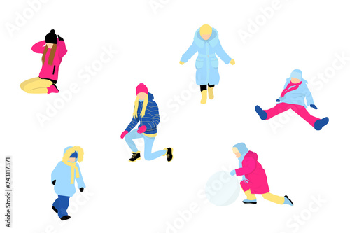 Winter activity of children, children in winter clothes, vector illustration in flat style, set.
