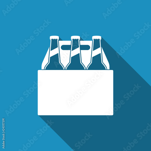 Pack of beer bottles icon isolated with long shadow. Case crate beer box sign. Flat design. Vector Illustration
