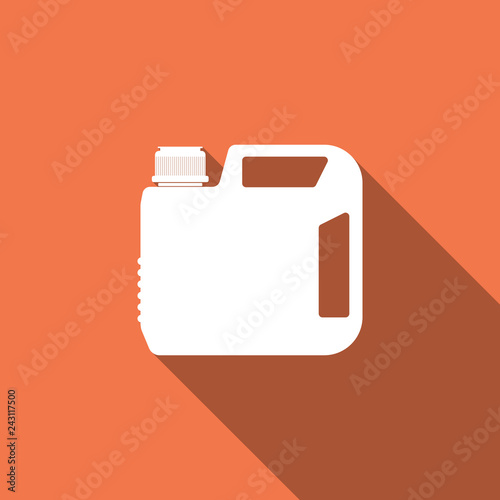 Plastic canister for motor machine oil icon isolated with long shadow. Oil gallon. Oil change service and repair. Engine oil sign. Flat design. Vector Illustration