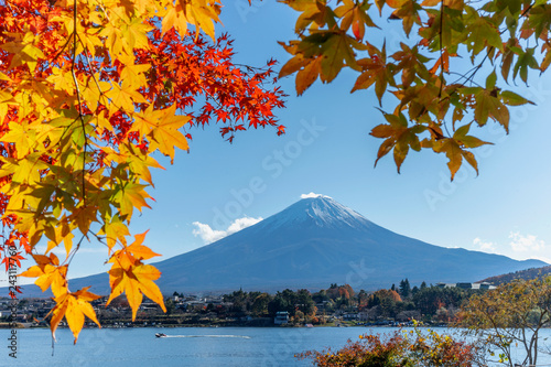 Mountain Fuji with blurred maple leaves in foreground at lake Kawaguchiko ,Yamanashi Prefecture is one of tourist spot in Japan. © NEPTUNESTOCK
