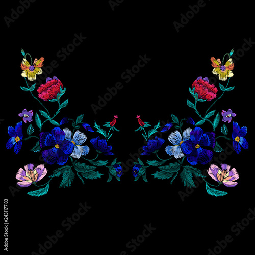 Embroidery neckline pattern with violet flowers. Vector embroidered floral design for fabric.