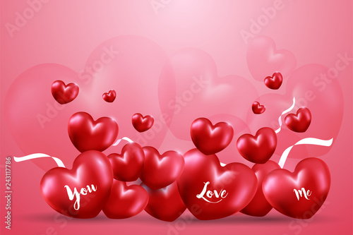 Happy Valentine's day  with Many red heart shape balloon with white ribbons and bubble heart on pink gradient background. Creative design in EPS10 vector illustration.