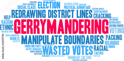 Gerrymandering Word Cloud on a white background. 