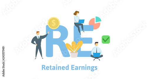 RE, Retained Earnings. Concept with keywords, letters and icons. Colored flat vector illustration. Isolated on white background.