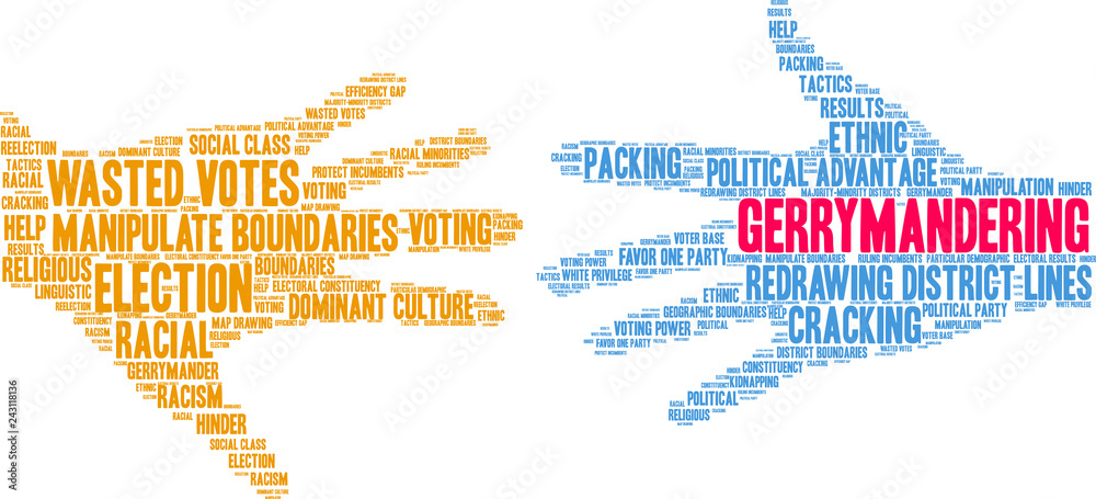 Gerrymandering Word Cloud on a white background. 