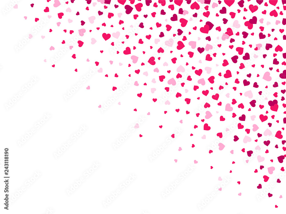 Love hearts. Falling loving hearts, lovely confetti splash scattering from top corner and romantic valentines vector background