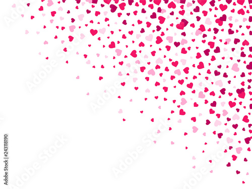 Love hearts. Falling loving hearts  lovely confetti splash scattering from top corner and romantic valentines vector background