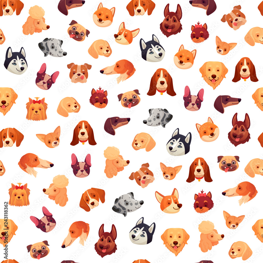 Seamless dogs faces. Funny dog face, puppy pet head and animals group  vector background pattern Stock Vector | Adobe Stock