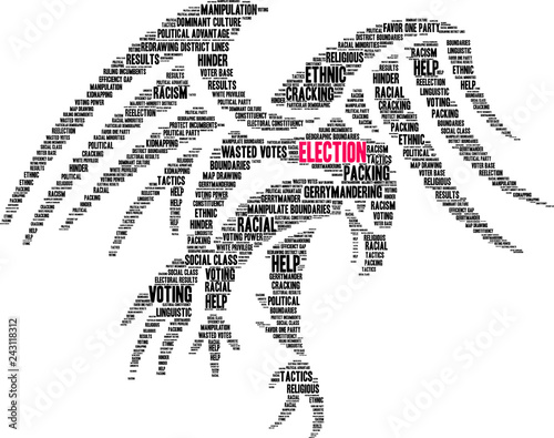Election with Gerrymandering Word Cloud on a white background. 