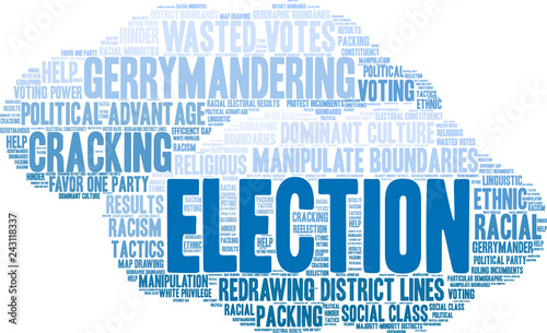 Election with Gerrymandering Word Cloud on a white background. 