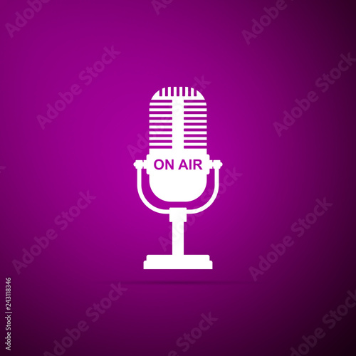 Microphone icon isolated on purple ound. On air radio mic microphone. Speaker sign. Flat design. Vector Illustration