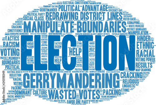 Election with Gerrymandering Word Cloud on a white background. 