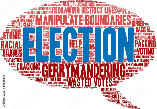 Election with Gerrymandering Word Cloud on a white background. 