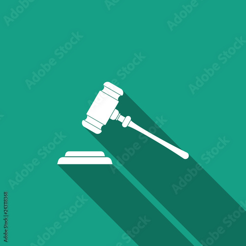 Judge gavel icon isolated with long shadow. Gavel for adjudication of sentences and bills, court, justice, with a stand. Auction hammer symbol. Flat design. Vector Illustration