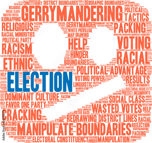 Election with Gerrymandering Word Cloud on a white background. 