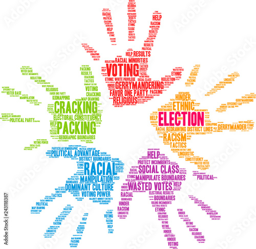 Election with Gerrymandering Word Cloud on a white background. 