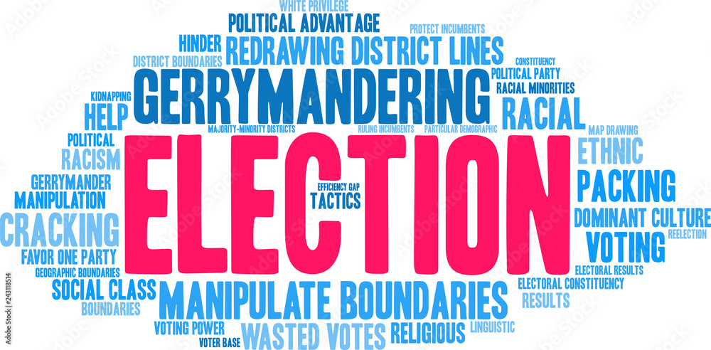 Election with Gerrymandering Word Cloud on a white background. 
