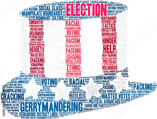 Election with Gerrymandering Word Cloud on a white background. 