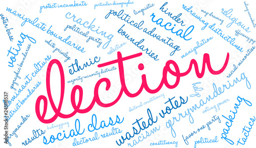 Election with Gerrymandering Word Cloud on a white background. 